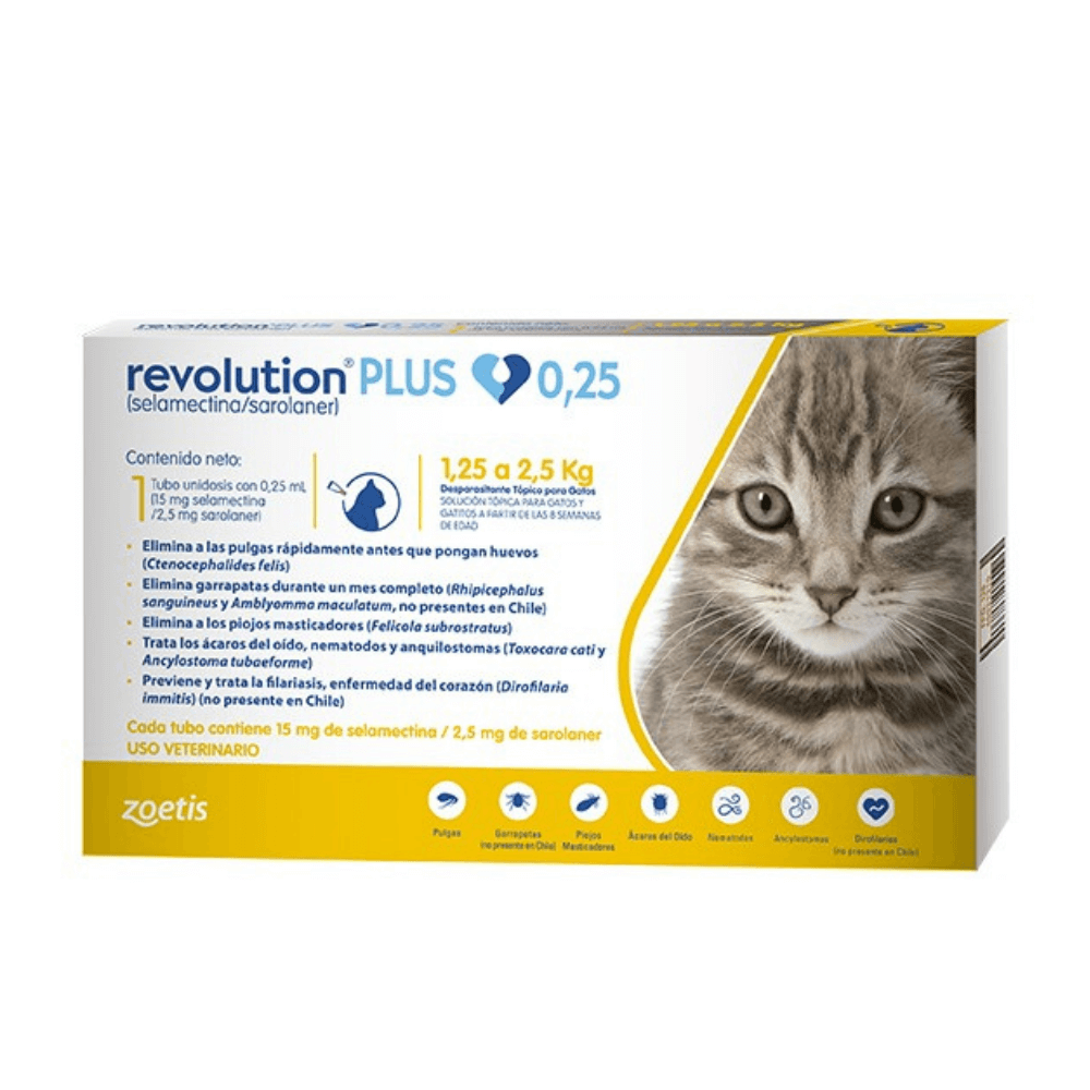 Revolution Plus 0,25 ml Gatos 1,25 a 2,5kg - Premium Productos para gatos from zoetis - al mejor precio $10990! Compra ahora en Milo Pet Shop